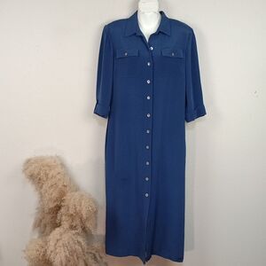 Vintage Talbots Women's Classic Silk Blue Long Sleeve Button Up Midi Dress sz 10